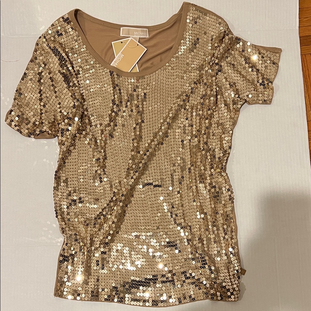 MICHAEL Michael Kors Gold Sequin Short Sleeve Top